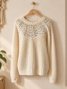 Chunky Cream Knit Sweater with Lace Yoke